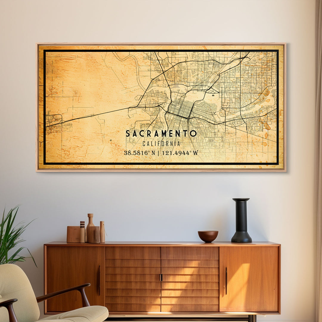 Vintage Sacramento map print poster or framed canvas | Sacramento city map print poster canvas | Sacramento, California print poster canvas