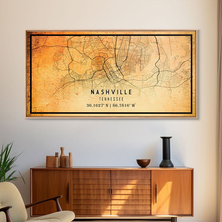 Nashville Map Print, Framed Canvas Wall Art, Tennessee Street Map Art, Davidson City Street Road Map Wall Decor