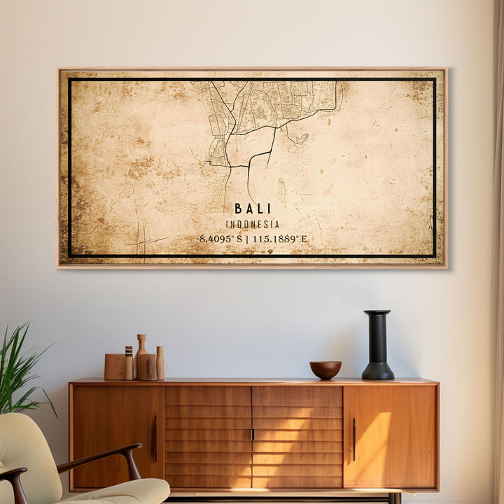Vintage Bali Indonesia City Map Wall Art Canvas Print, Distressed Style Bali Map, Framed Wall Art, Cool Bali Travel Wall Art, Office Art
