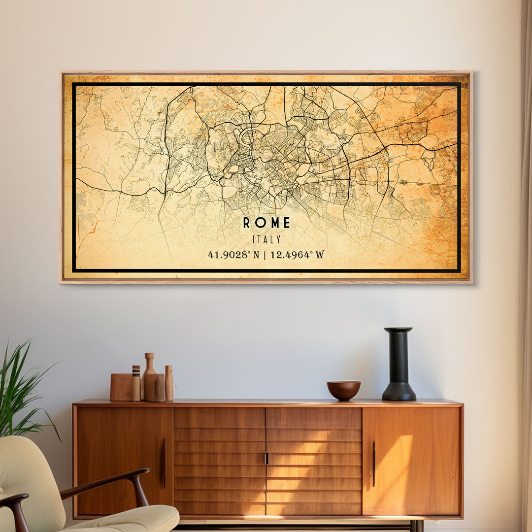 Old Rome Italy City Map Wall Art Canvas Print, Vintage Style Rome Italy Map, Framed Wall Art, Cool Rome Italy Wall Art, Office Decor