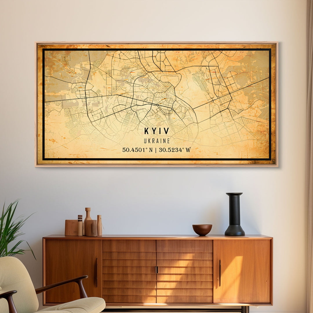 Old Kyiv Ukraine City Map Wall Art Canvas Print, Vintage Style Kyiv Map, Framed Wall Art, Cool Kyiv Ukraine Wall Art, Office Art