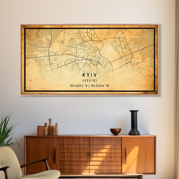 Old Kyiv Ukraine City Map Wall Art Canvas Print, Vintage Style Kyiv Map, Framed Wall Art, Cool Kyiv Ukraine Wall Art, Office Art