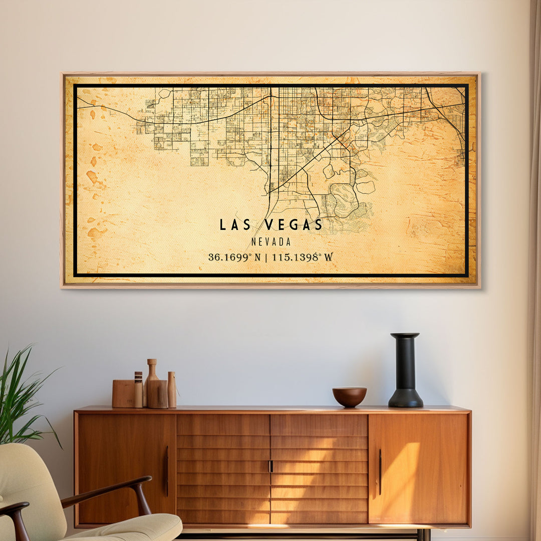 Old Las Vegas City Map Wall Art Canvas Print, Vintage Style Las Vegas Map, Framed Wall Art, Cool Las Vegas Nevada Wall Art, Office Decor