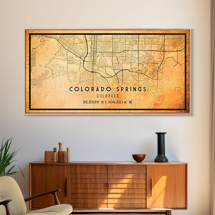 Vintage Style Colorado Springs Map Wall Art, Stretched Canvas or Poster, Office Decor, Colorado Wall Art, Distressed Map Decor