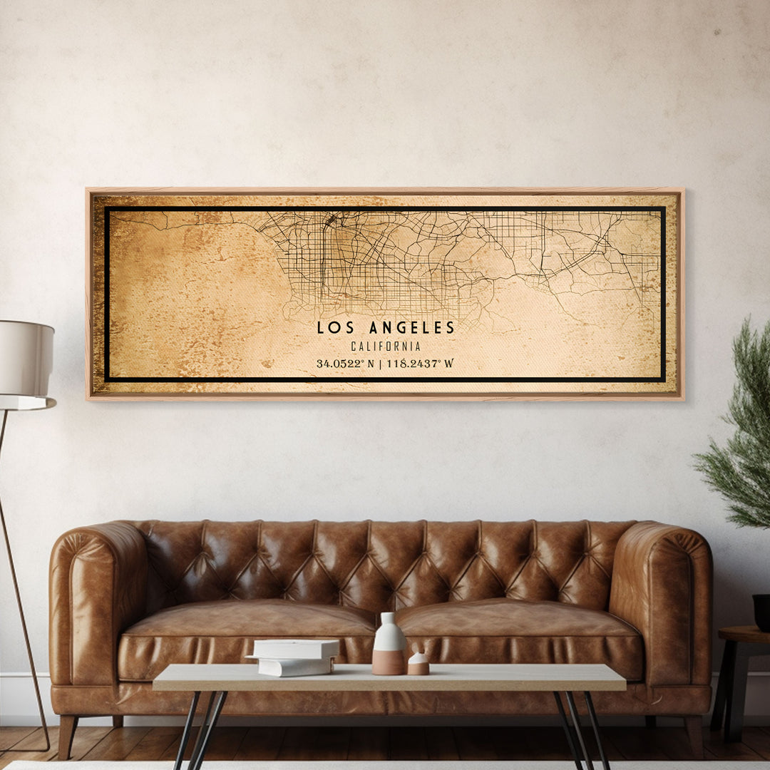 Panoramic Los Angeles Vintage Map Print | Los Angeles Map | California Map Art | City Road Map Poster | Distressed / Retro LA Street Art