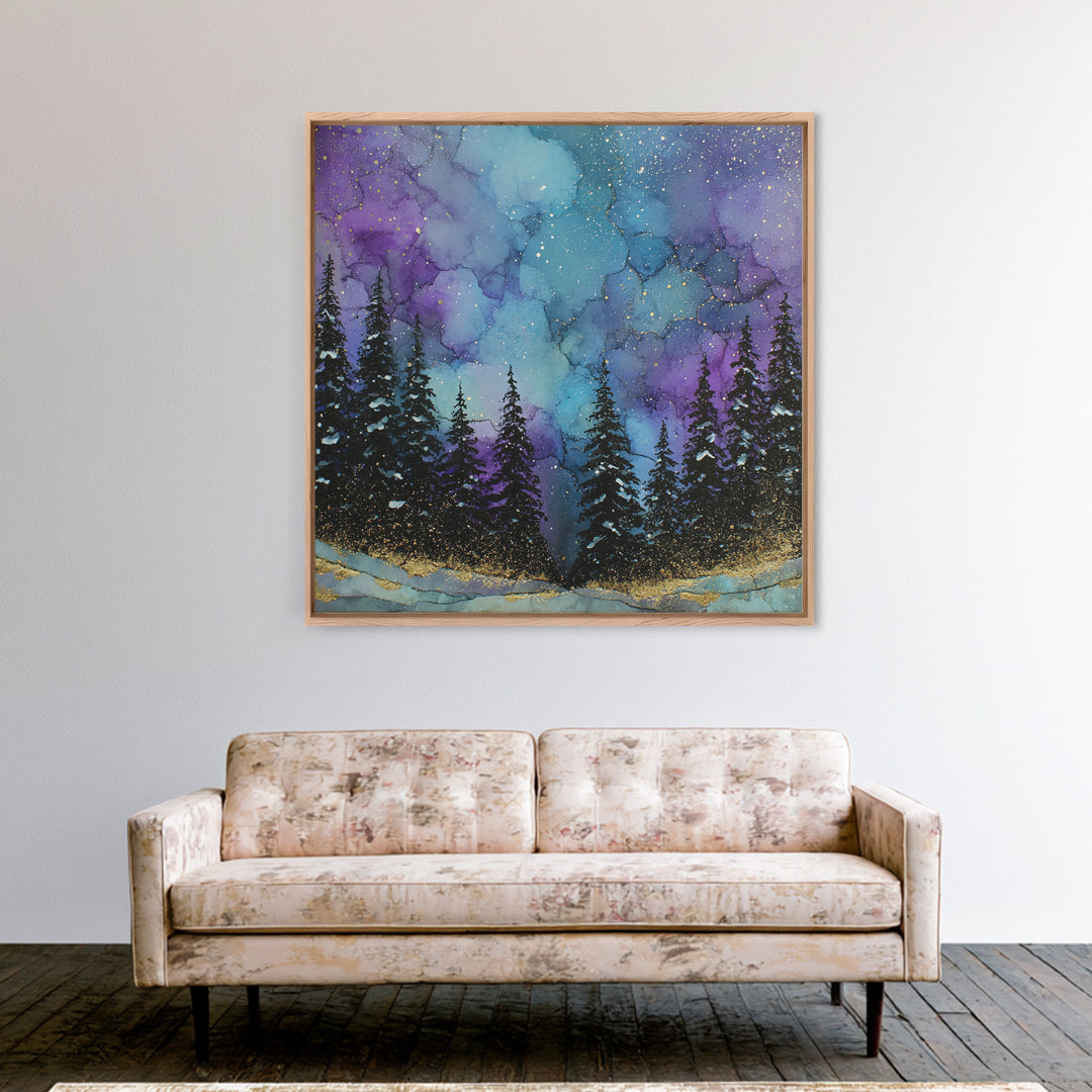 Aurora Borealis over Snowy Pines Framed Canvas Print, Celestial Art, Art Nouveau Decor, Living Room Decor, Fine Art, Celestial, CEL-1x1-41