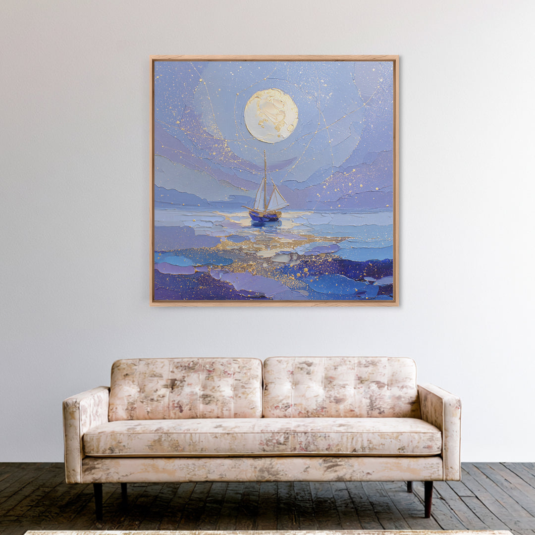 Tiny Sailboat Beneath a Huge Moon Framed Canvas Print, Celestial Art, Modern Art, Living Room Decor, Oil Painting, Celestial, CEL-1x1-43