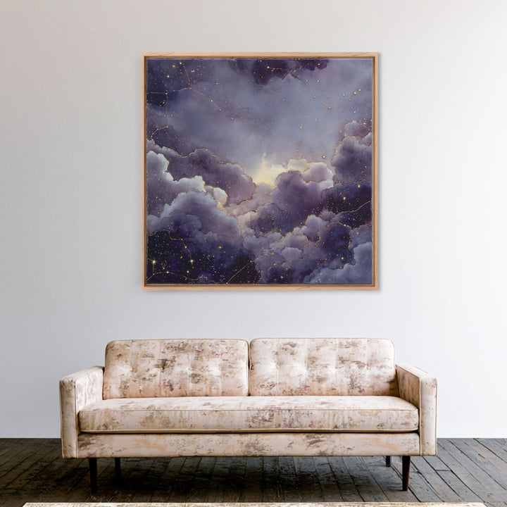 Moonlit Cloudscape with Silver Highlights Framed Canvas Print, Celestial Art, Animal Prints, Living Room Decor, Abstract Art, CEL-1x1-57
