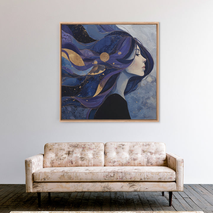 Celestial Goddess with Flowing Midnight Hair Framed Canvas Print, Celestial Art, Celestial, Living Room Decor, Celestial, CEL-1x1-7