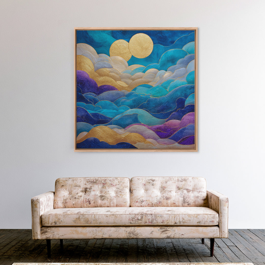 Golden Sun over Abstract Ocean Waves Framed Canvas Print, Celestial Art, Collage Art, Living Room Decor, Fine Art, Celestial, CEL-1x1-71