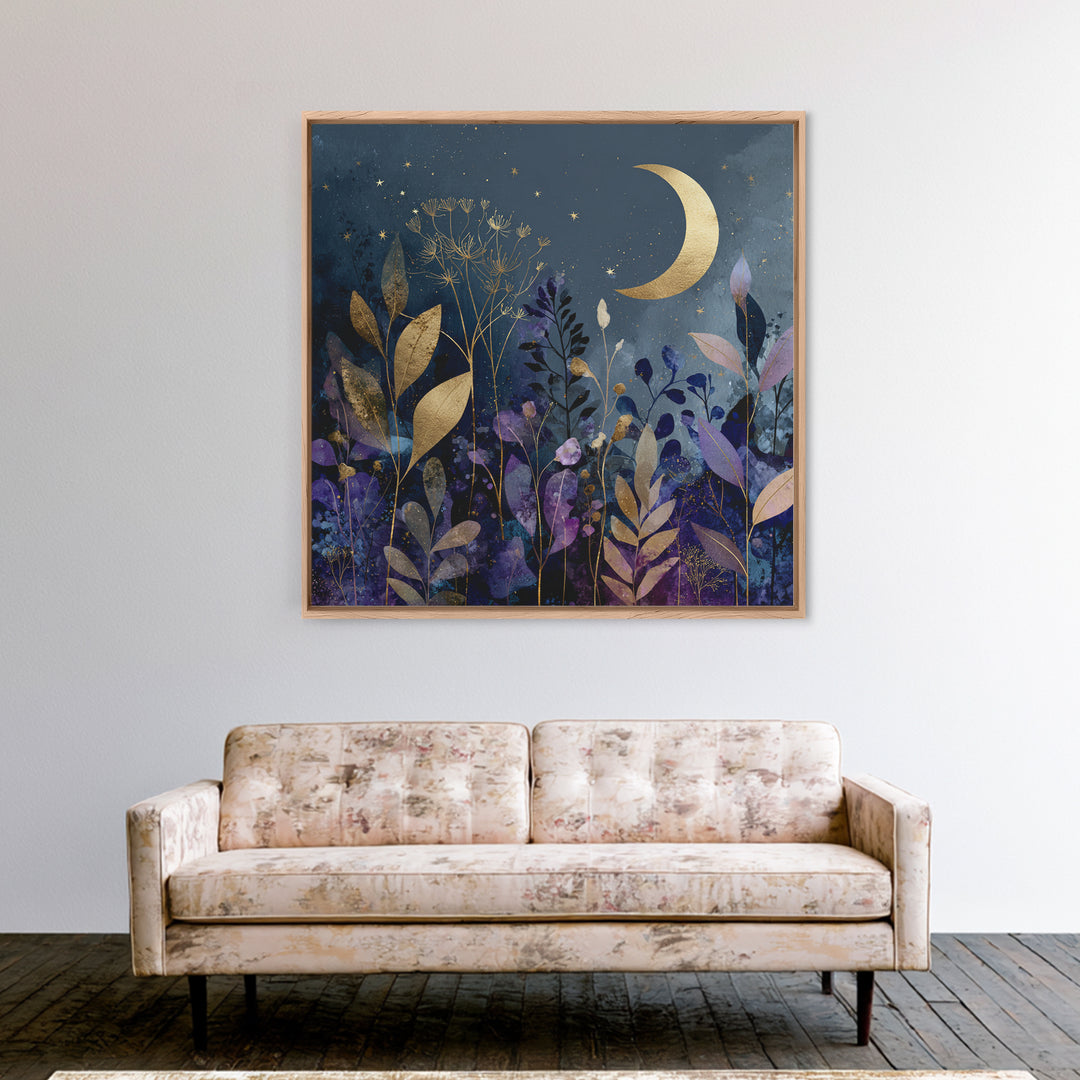 Lunar Phase Arc Above Delicate Botanicals Canvas Print, Celestial Art, Collage Art, Living Room Decor, Watercolor Art, CEL-1x1-76