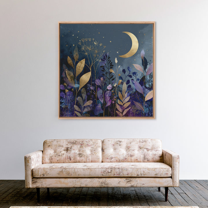 Lunar Phase Arc Above Delicate Botanicals Canvas Print, Celestial Art, Collage Art, Living Room Decor, Watercolor Art, CEL-1x1-76