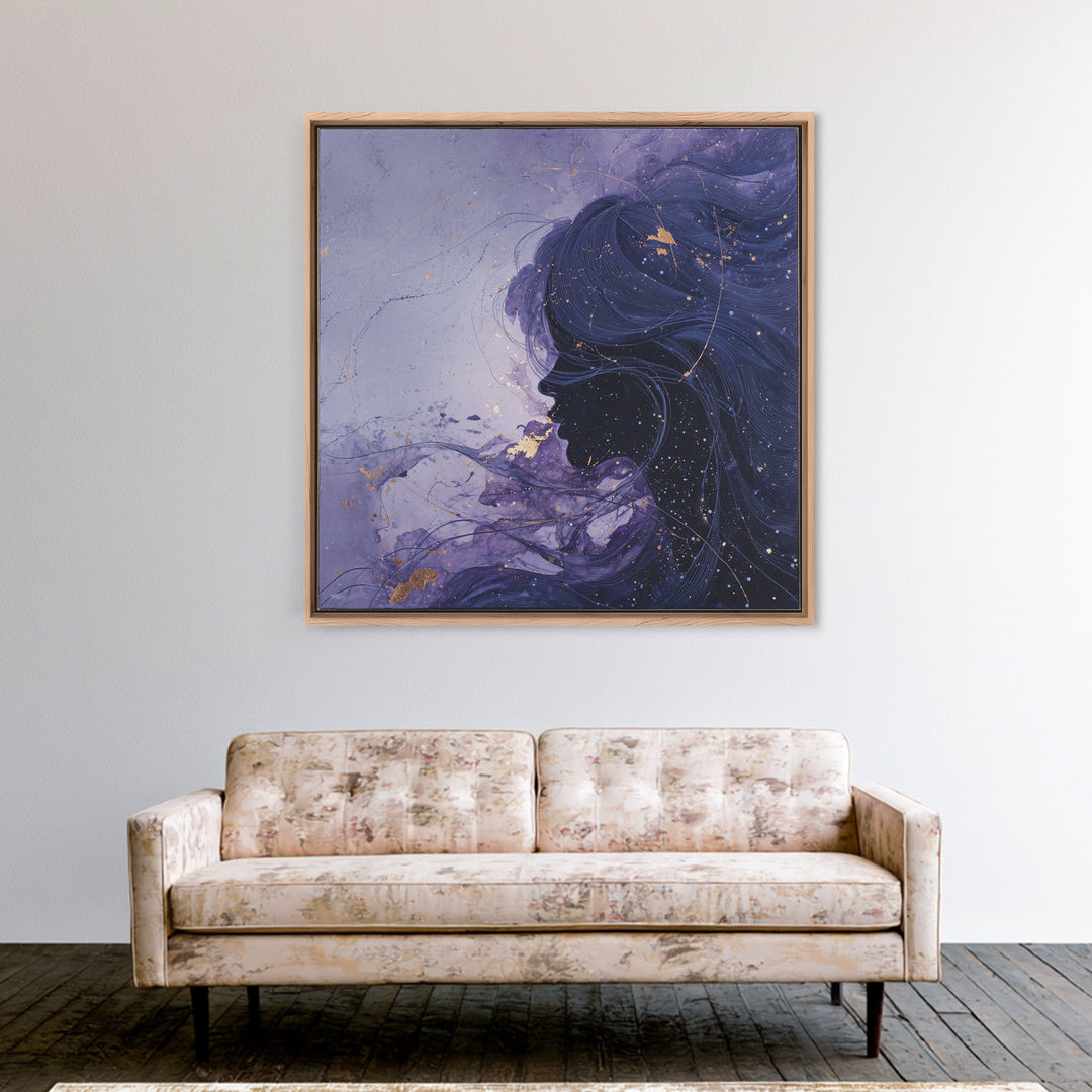 Celestial Goddess with Flowing Midnight Hair Framed Canvas Print, Celestial Art, Wall Decor, Living Room Decor, Celestial, CEL-1x1-79