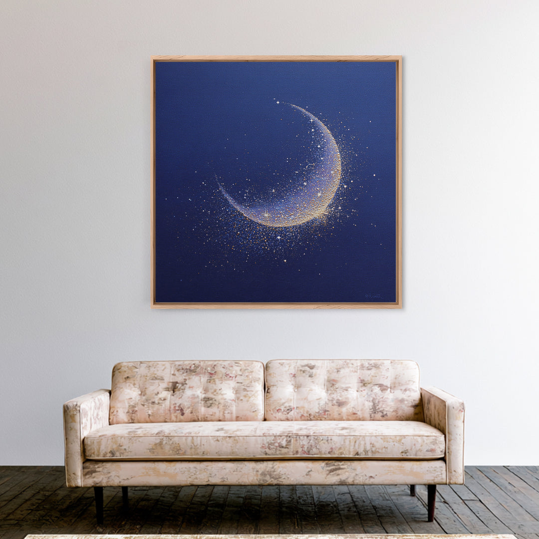 Crescent Moon Cradling a Cluster of Stars Canvas Print, Celestial Art, Luxury Decor, Living Room Decor, Oil Painting, Celestial, CEL-1x1-97