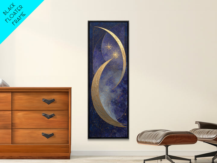 Crescent Moon Cradling a Cluster of Stars Framed Canvas Print, Celestial Art, Modern Decor, Living Room Decor, Celestial, CEL-1x3-61