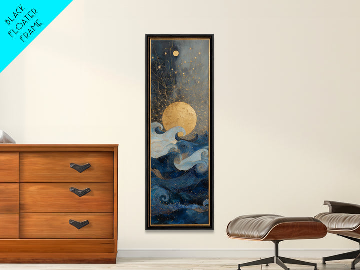 Golden Sun over Abstract Ocean Waves Framed Canvas Print, Celestial Art, Witchy Decor, Living Room Decor, Fine Art, Celestial, CEL-1x3-83