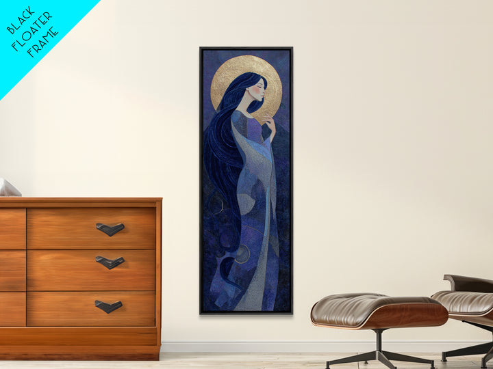 Celestial Goddess with Flowing Midnight Hair Framed Canvas Print, Celestial Art, Retro Wall Art, Living Room Decor, Celestial, CEL-1x3-91