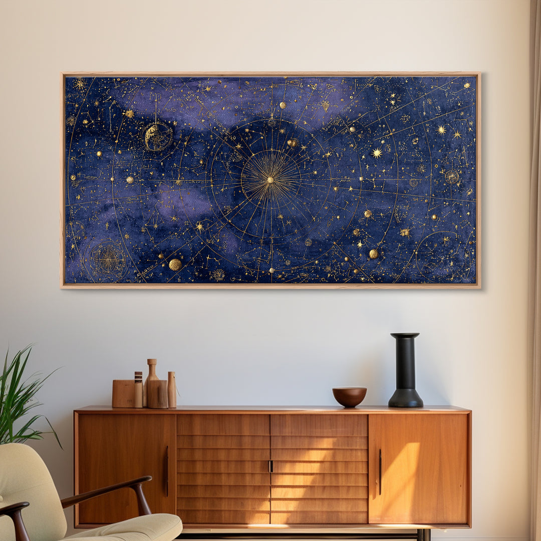 Gold Constellation Map on Deep Navy Texture Framed Canvas Print, Celestial Art, Whimsical Art, Living Room Decor, Celestial, CEL-2x1-100