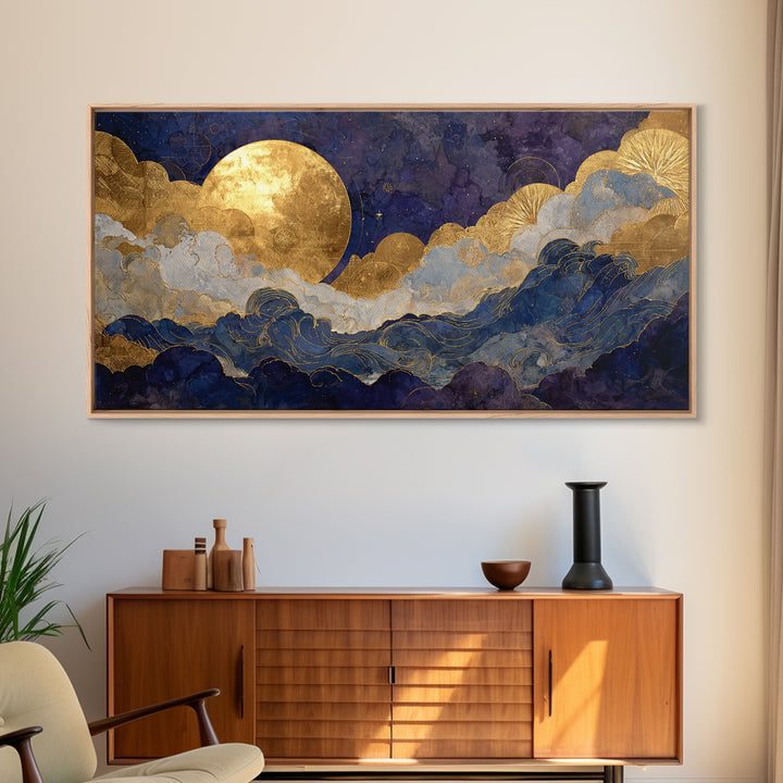 Golden Sun over Abstract Ocean Waves Framed Canvas Print, Celestial Art, Collage Art, Living Room Decor, Fine Art, Celestial, CEL-2x1-19