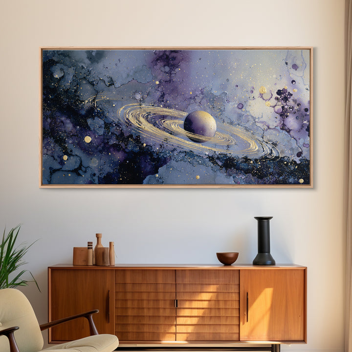 Glowing Planet with Rings and Tiny Moons Canvas Print, Celestial Art, Neutral Decor, Living Room Decor, Abstract Art, Celestial, CEL-2x1-2