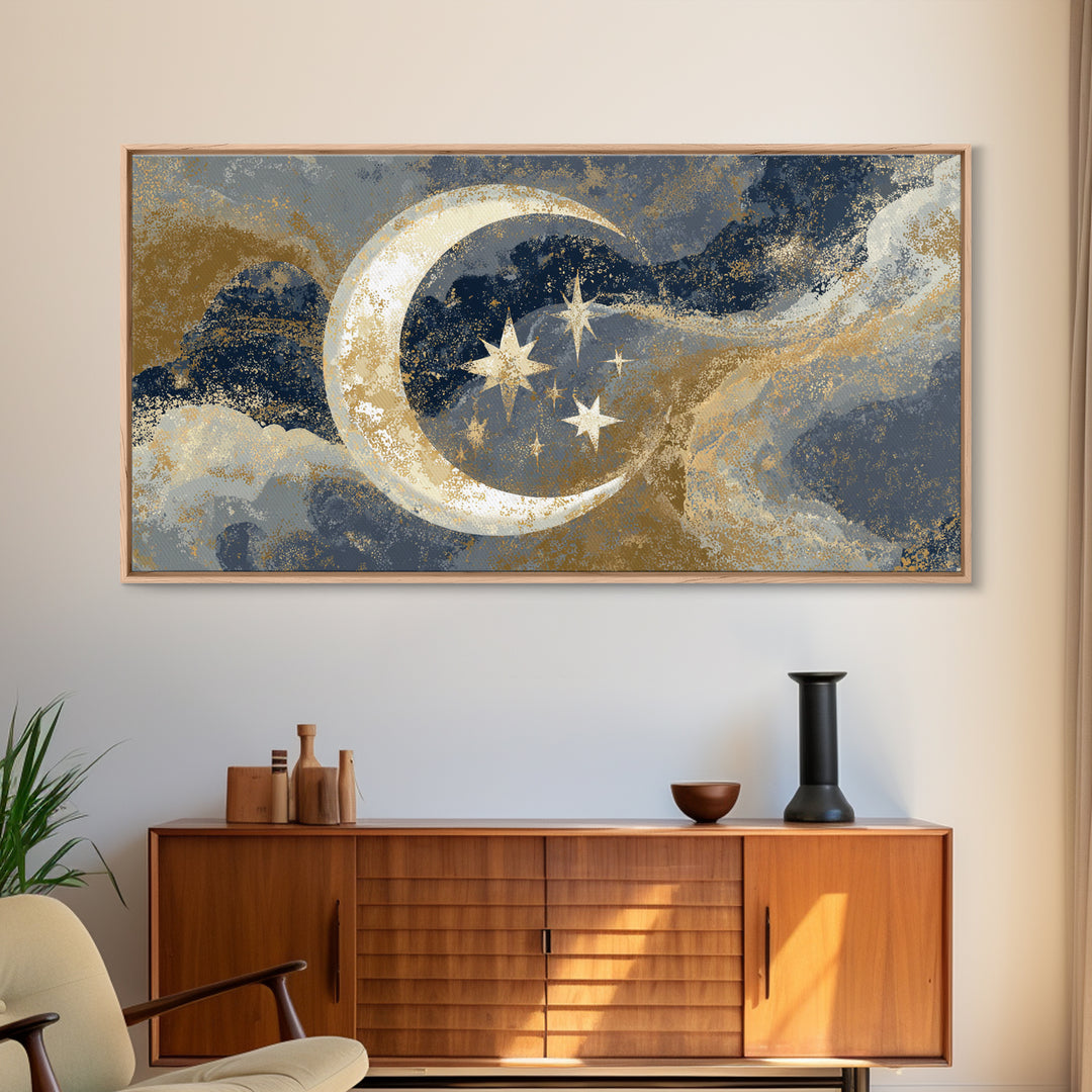 Crescent Moon Cradling a Cluster of Stars Canvas Print, Celestial Art, Luxury Decor, Living Room Decor, Oil Painting, Celestial, CEL-2x1-21
