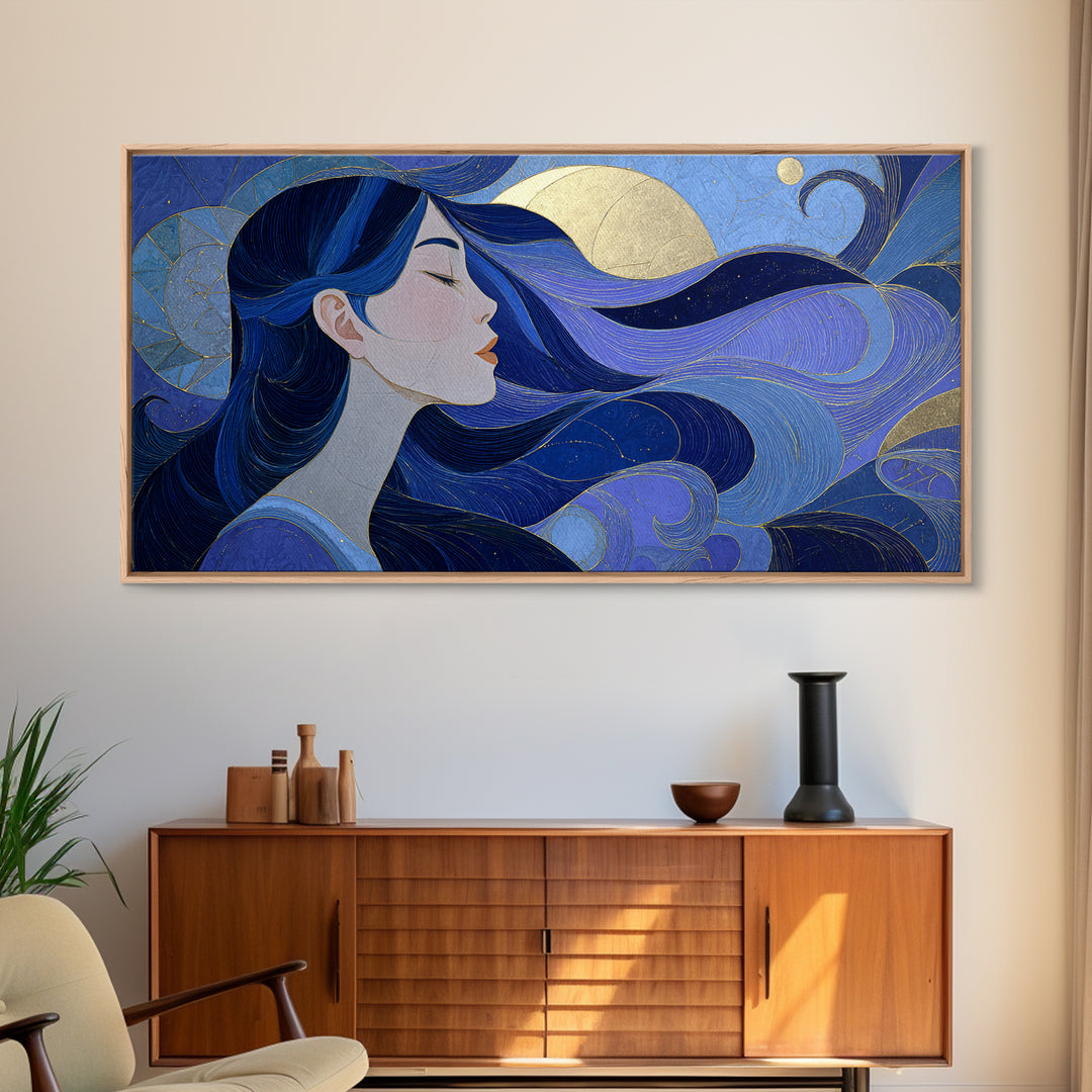 Celestial Goddess with Flowing Midnight Hair Framed Canvas Print, Celestial Art, Celestial, Living Room Decor, Celestial, CEL-2x1-3