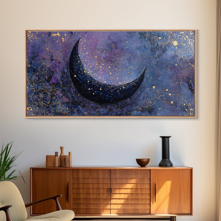 Crescent Moon Cradling a Cluster of Stars Framed Canvas Print, Celestial Art, Contemporary Art, Living Room Decor, Celestial, CEL-2x1-45