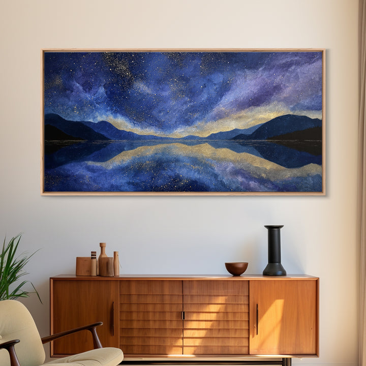 Night Sky over a Quiet Mountain Lake Canvas Print, Celestial Art, Celestial, Living Room Decor, Celestial, Colorful Wall Art, CEL-2x1-47