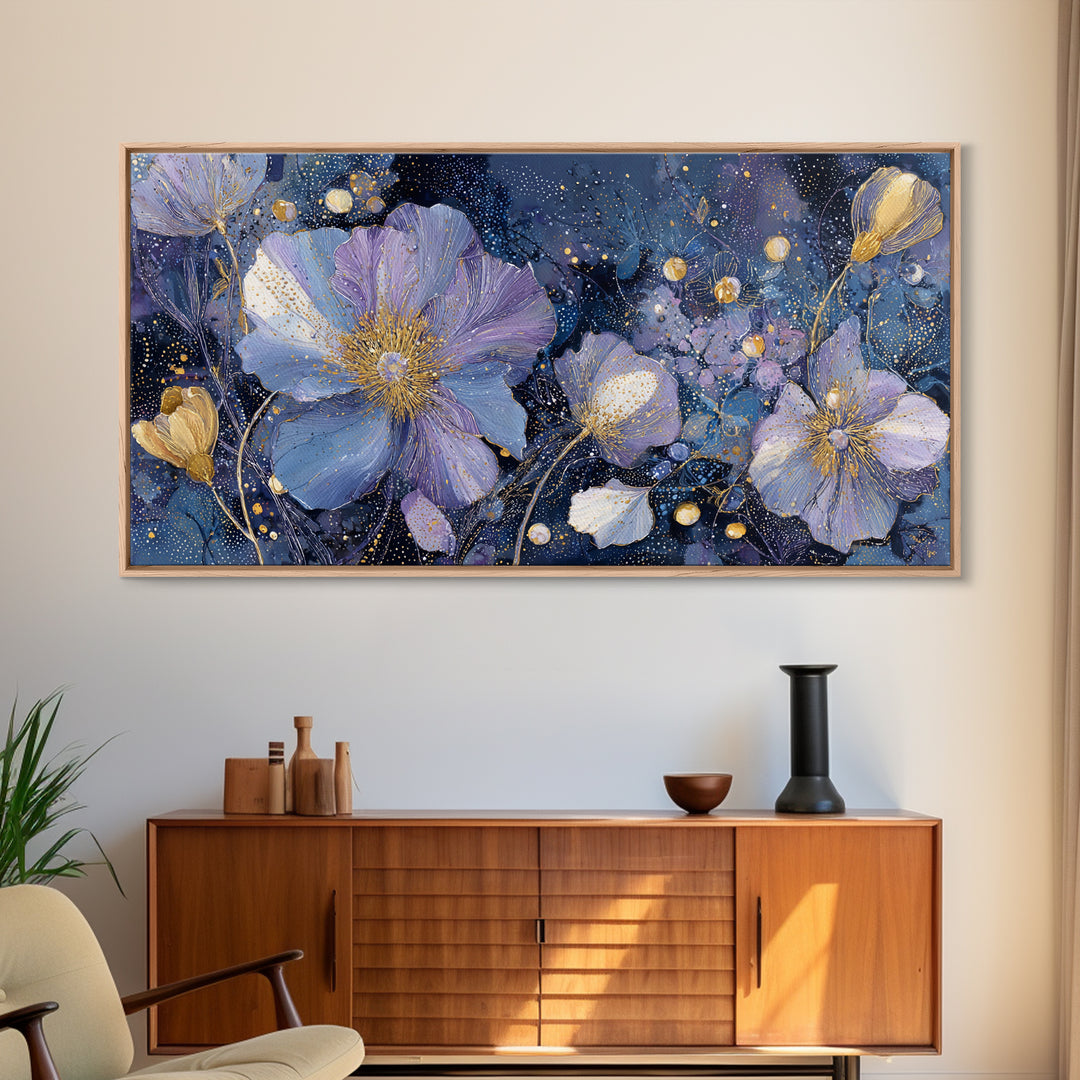 Moon Garden with Night Blooming Flowers Framed Canvas Print, Celestial Art, Minimalist Decor, Living Room Decor, Celestial, CEL-2x1-65