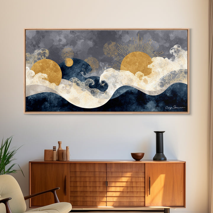 Golden Sun over Abstract Ocean Waves Framed Canvas Print, Celestial Art, Art Nouveau Decor, Living Room Decor, Celestial, CEL-2x1-67