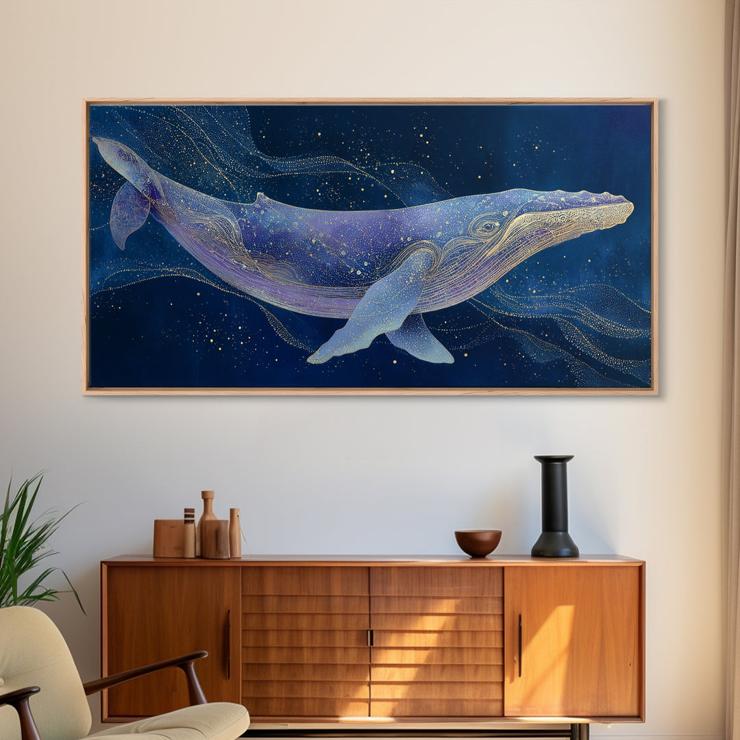 Cosmic Whale Swimming Through a Star Field Framed Canvas Print, Celestial Art, Digital Print, Living Room Decor, Celestial, CEL-2x1-97