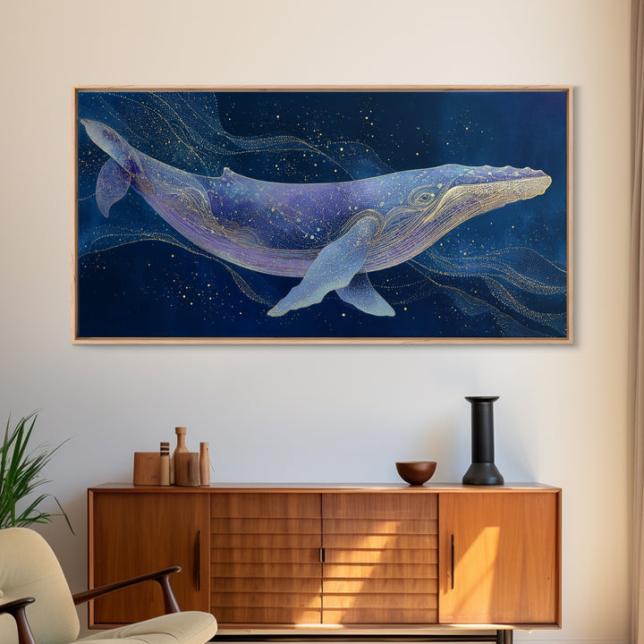 Cosmic Whale Swimming Through a Star Field Framed Canvas Print, Celestial Art, Digital Print, Living Room Decor, Celestial, CEL-2x1-97