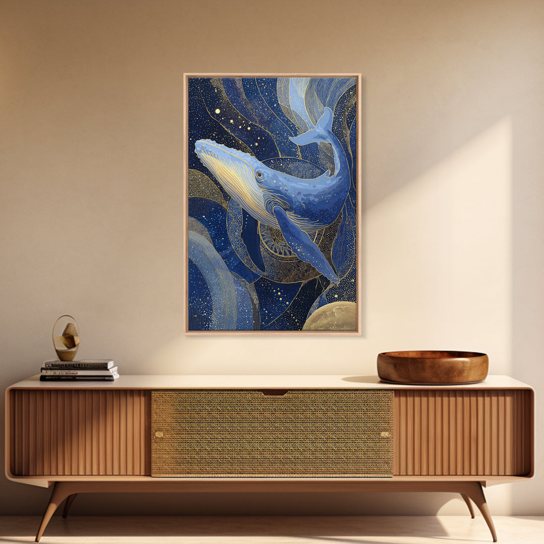 Cosmic Whale Swimming Through a Star Field Framed Canvas Print, Celestial Art, Room Decor, Living Room Decor, Celestial, CEL-2x3-13