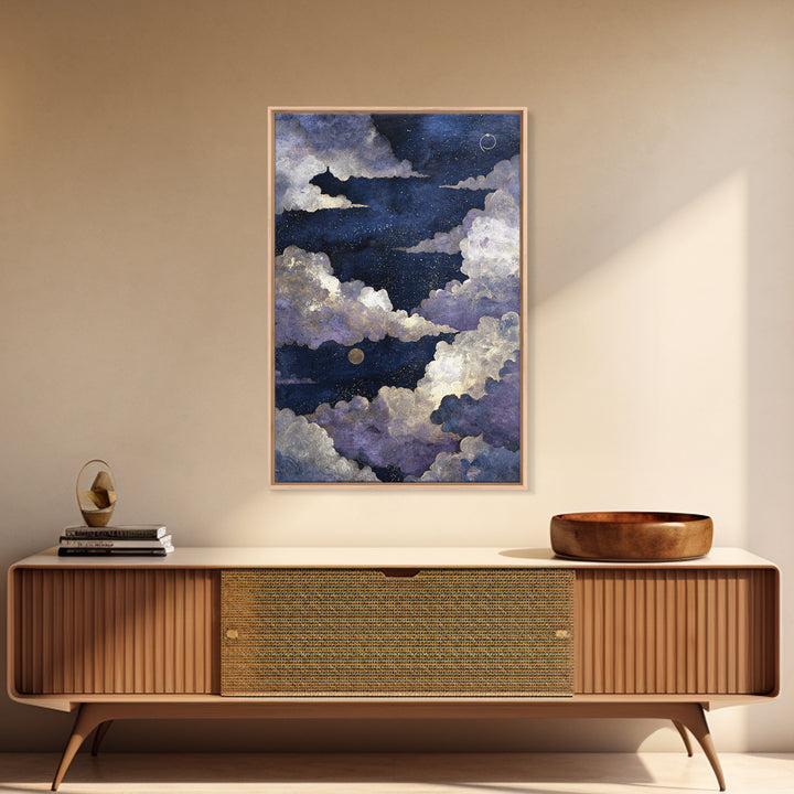 Moonlit Cloudscape with Silver Highlights Canvas Print, Celestial Art, Textured Painting, Living Room Decor, Celestial, CEL-2x3-17