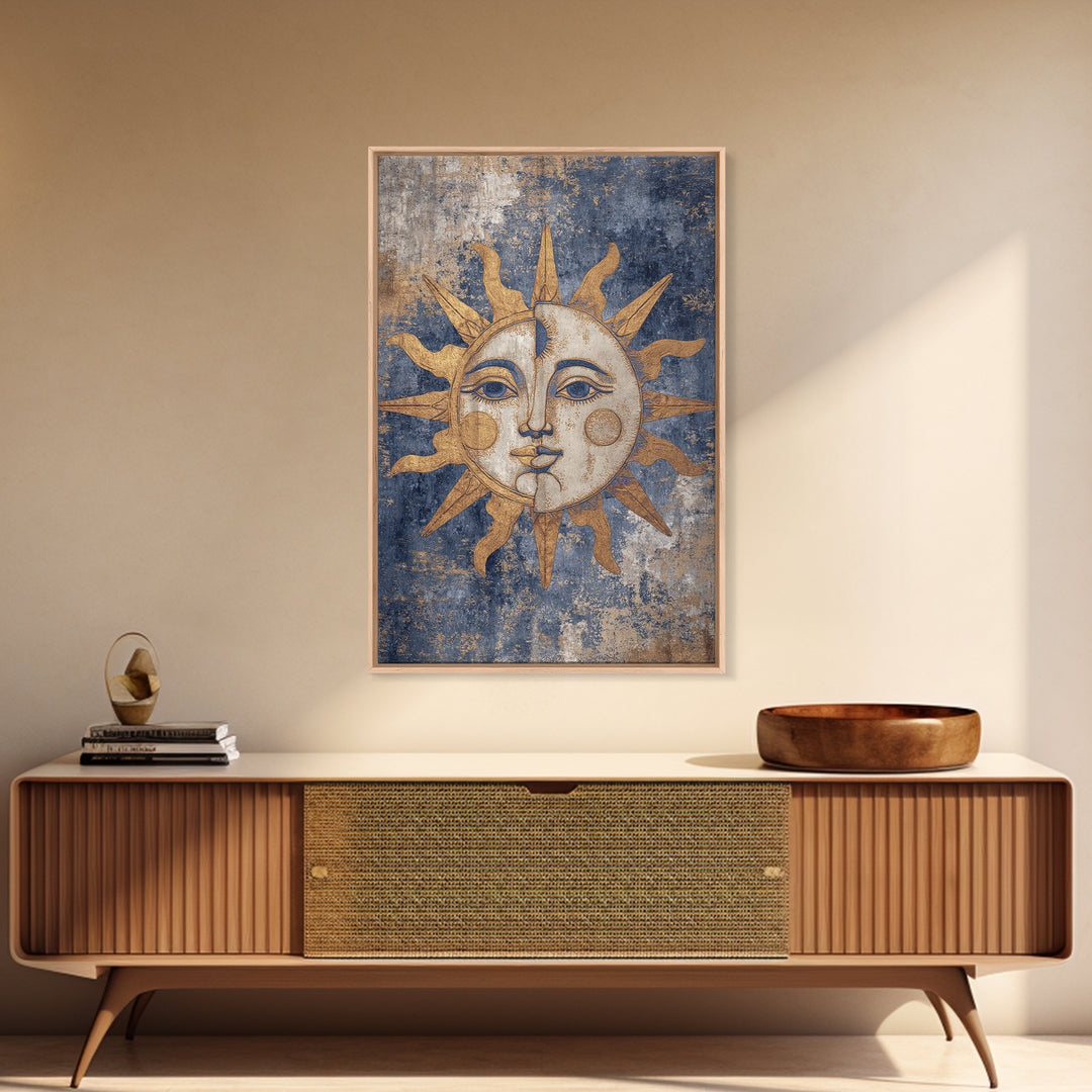 Sun and Moon Faces Framed Canvas Print, Celestial Art, Luxury Decor, Living Room Decor, Oil Painting, Celestial, Digital Print, CEL-2x3-34