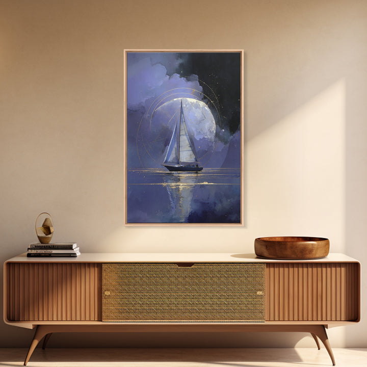 Tiny Sailboat Beneath a Huge Moon Framed Canvas Print, Celestial Art, Animal Prints, Living Room Decor, Oil Painting, Celestial, CEL-2x3-51