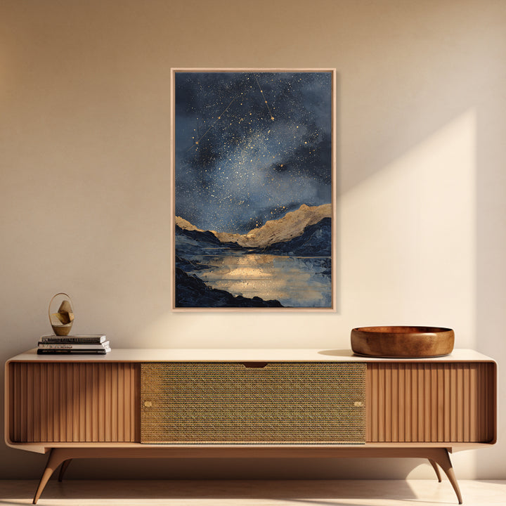 Night Sky over a Quiet Mountain Lake Framed Canvas Print, Celestial Art, Boho Decor, Living Room Decor, Fine Art, Celestial, CEL-2x3-59