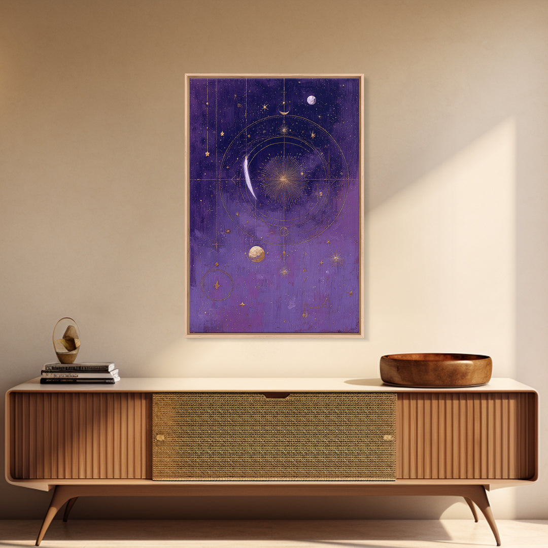 Dreamlike Comet Crossing a Violet Sky Framed Canvas Print, Celestial Art, Colorful Wall Art, Living Room Decor, Abstract Art, CEL-2x3-92