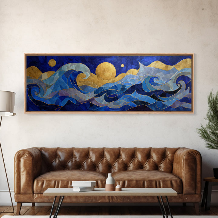 Golden Sun over Abstract Ocean Waves Framed Canvas Print, Celestial Art, Art Nouveau Decor, Living Room Decor, Celestial, CEL-3x1-15