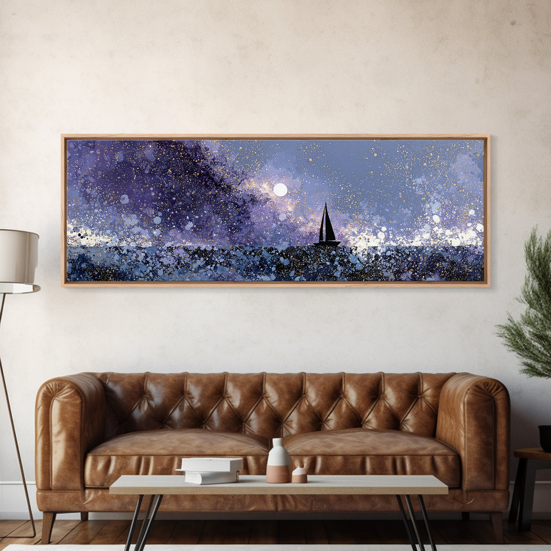 Tiny Sailboat Beneath a Huge Moon Canvas Print, Celestial Art, Statement Artwork, Living Room Decor, Fine Art, Celestial, CEL-3x1-35
