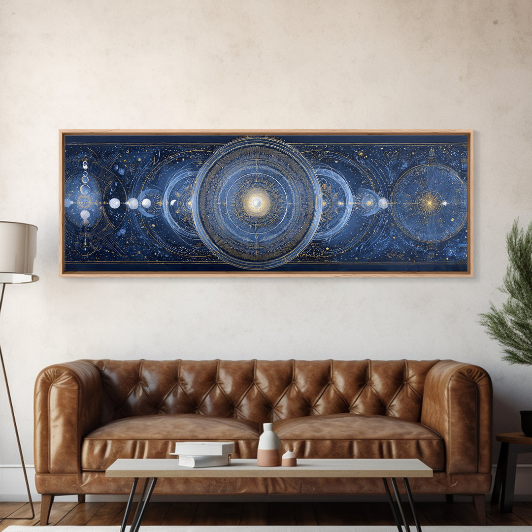 Lunar Phase Arc Above Delicate Botanicals Canvas Print, Celestial Art, Gallery Decor, Living Room Decor, Celestial, CEL-3x1-44