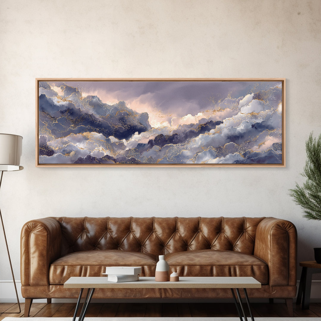 Moonlit Cloudscape with Silver Highlights Canvas Print, Celestial Art, Watercolor Painting, Living Room Decor, Abstract Art, CEL-3x1-49