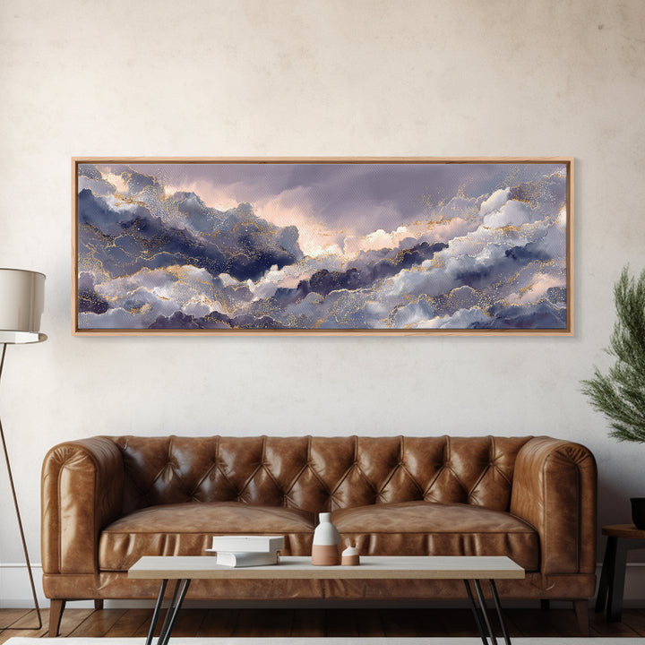Moonlit Cloudscape with Silver Highlights Canvas Print, Celestial Art, Watercolor Painting, Living Room Decor, Abstract Art, CEL-3x1-49