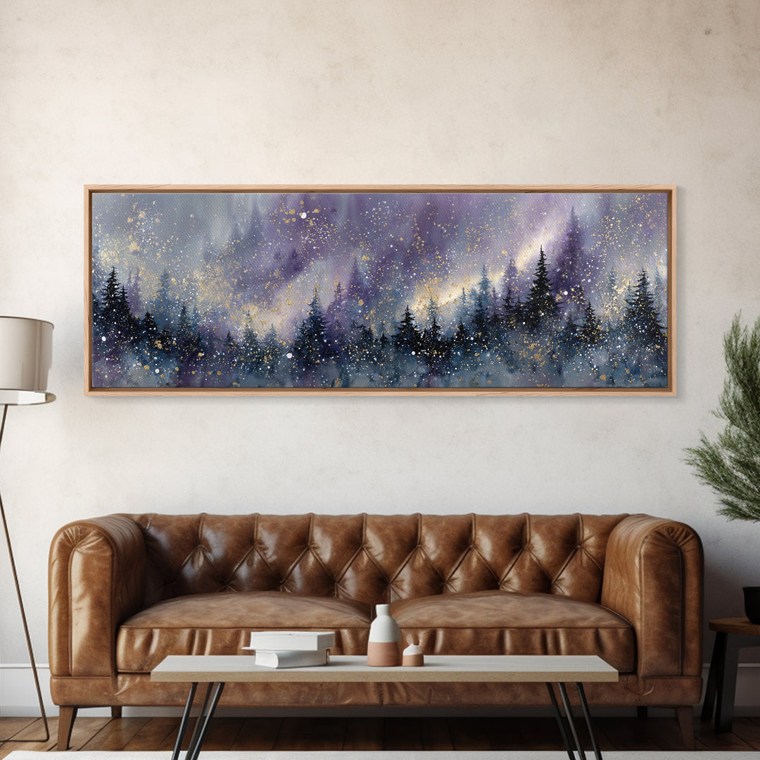 Aurora Borealis over Snowy Pines Framed Canvas Print, Celestial Art, Retro Wall Art, Living Room Decor, Fine Art, Celestial, CEL-3x1-57