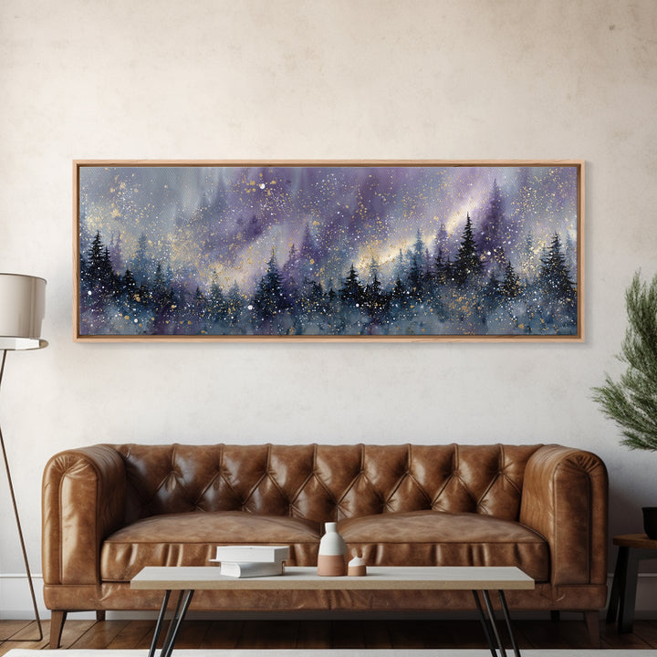 Aurora Borealis over Snowy Pines Framed Canvas Print, Celestial Art, Retro Wall Art, Living Room Decor, Fine Art, Celestial, CEL-3x1-57