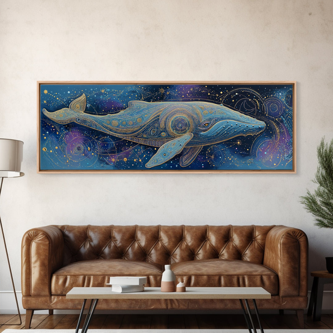Cosmic Whale Swimming Through a Star Field Framed Canvas Print, Celestial Art, Modern Art, Living Room Decor, Celestial, CEL-3x1-69
