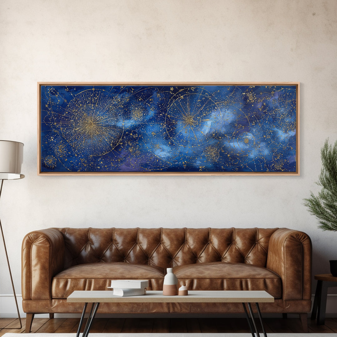 Gold Constellation Map on Deep Navy Texture Framed Canvas Print, Celestial Art, Minimalist Decor, Living Room Decor, Celestial, CEL-3x1-72