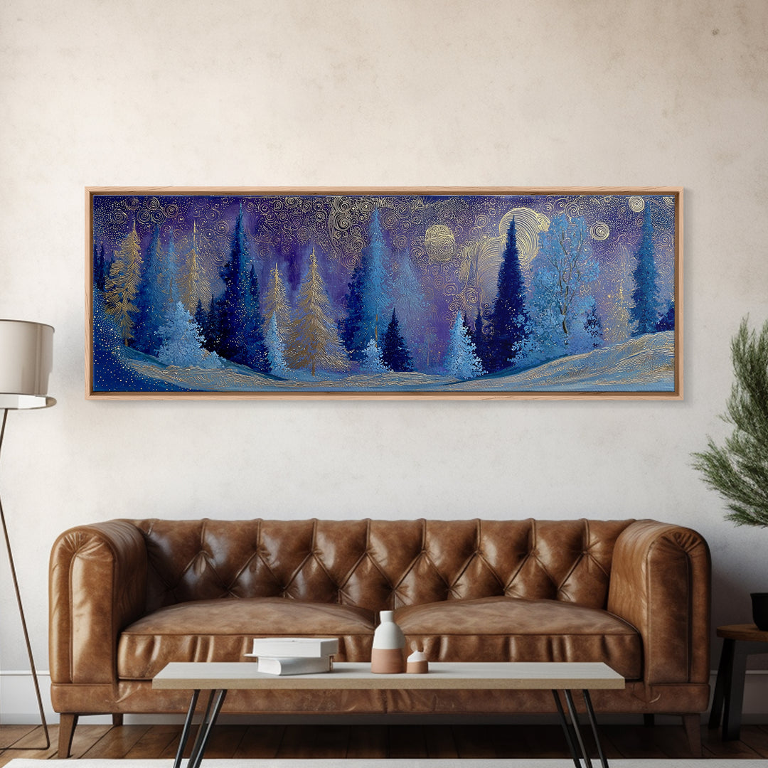 Aurora Borealis over Snowy Pines Framed Canvas Print, Celestial Art, Retro Wall Art, Living Room Decor, Fine Art, Celestial, CEL-3x1-81