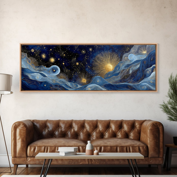Golden Sun over Abstract Ocean Waves Framed Canvas Print, Celestial Art, Digital Art, Living Room Decor, Watercolor Art, CEL-3x1-87