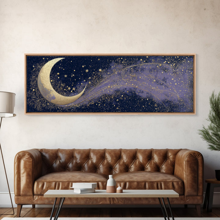 Crescent Moon Cradling a Cluster of Stars Canvas Print, Celestial Art, Digital Download Art, Living Room Decor, Celestial, CEL-3x1-89